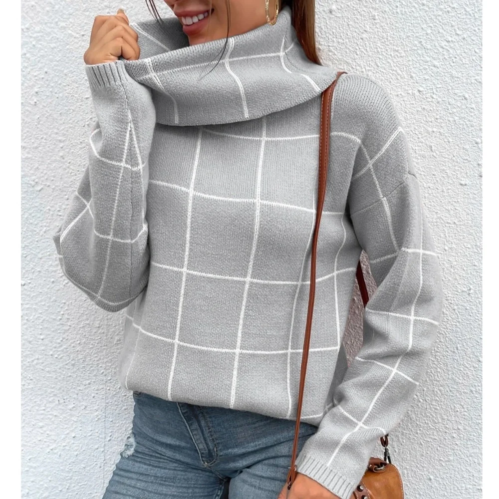 Grey Grid Printed Long Sweater Plaid Pattern Split Sides Pullover Turtleneck - Picture 1 of 16